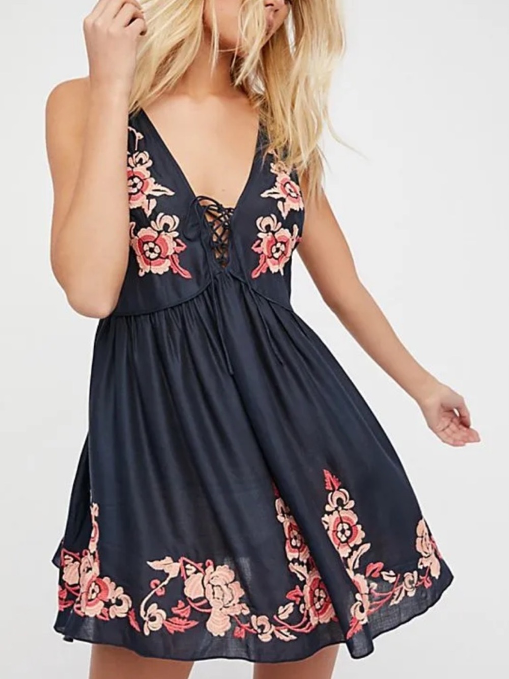 Free People Intimately Aida Embroidered Slip Dress - Navy Sz Medium